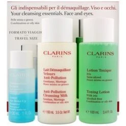 Clarins Cleansing Essentials Viso Ed Occhi Confezione Regalo - Pelle Mista/Grassa 30 Ml Struccante + 100 Ml Latte Detergente Anti Pollution + 100 Ml Lozione Tonica