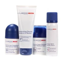 Clarins Men Grooming Essentials Confezione Regalo 100ml Shampoo & Gel Doccia + 50ml Smooth Shave Schiuma Gel + 50ml Roll-On Anti-Sudorazione + 50ml Balsamo Super Idratante